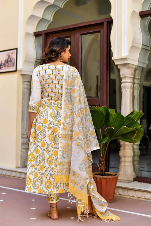 Block Printed A-Line Kurta with pant and Dupatta Set