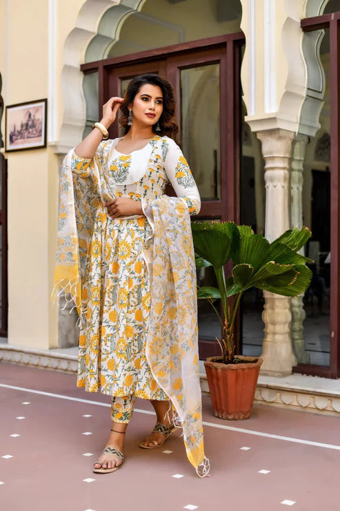 Block Printed A-Line Kurta with pant and Dupatta Set