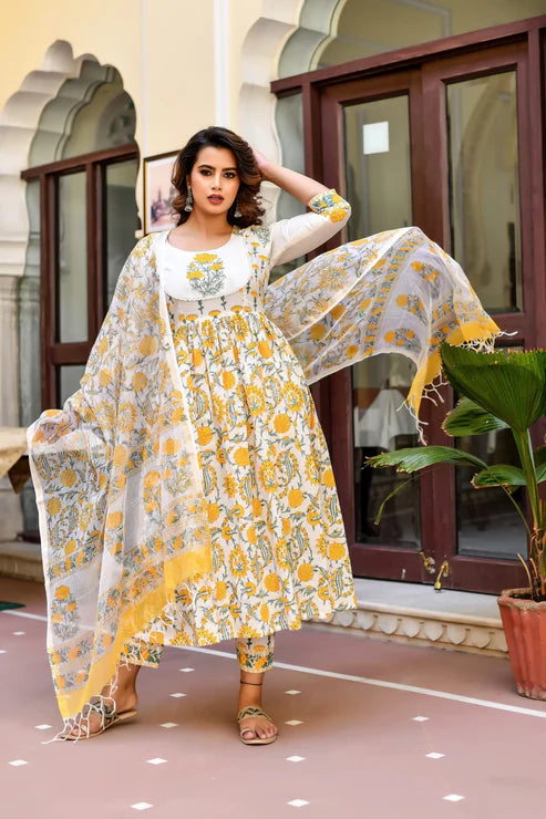 Block Printed A-Line Kurta with pant and Dupatta Set