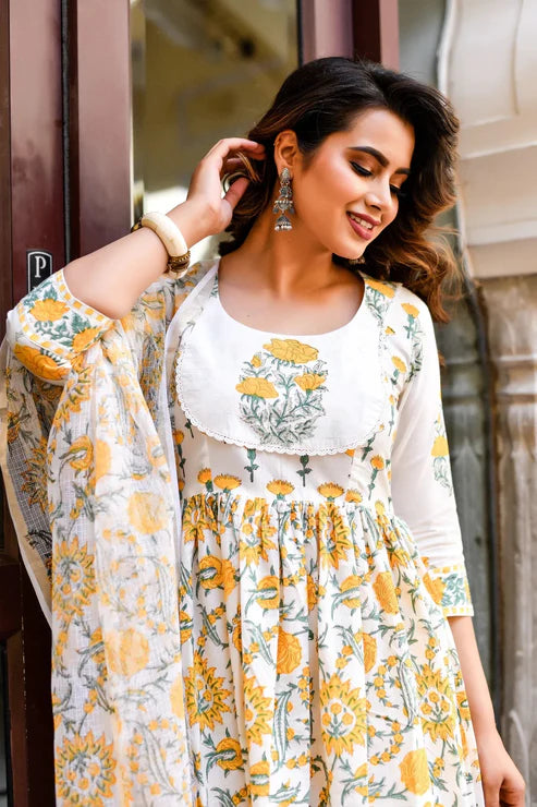 Block Printed A-Line Kurta with pant and Dupatta Set
