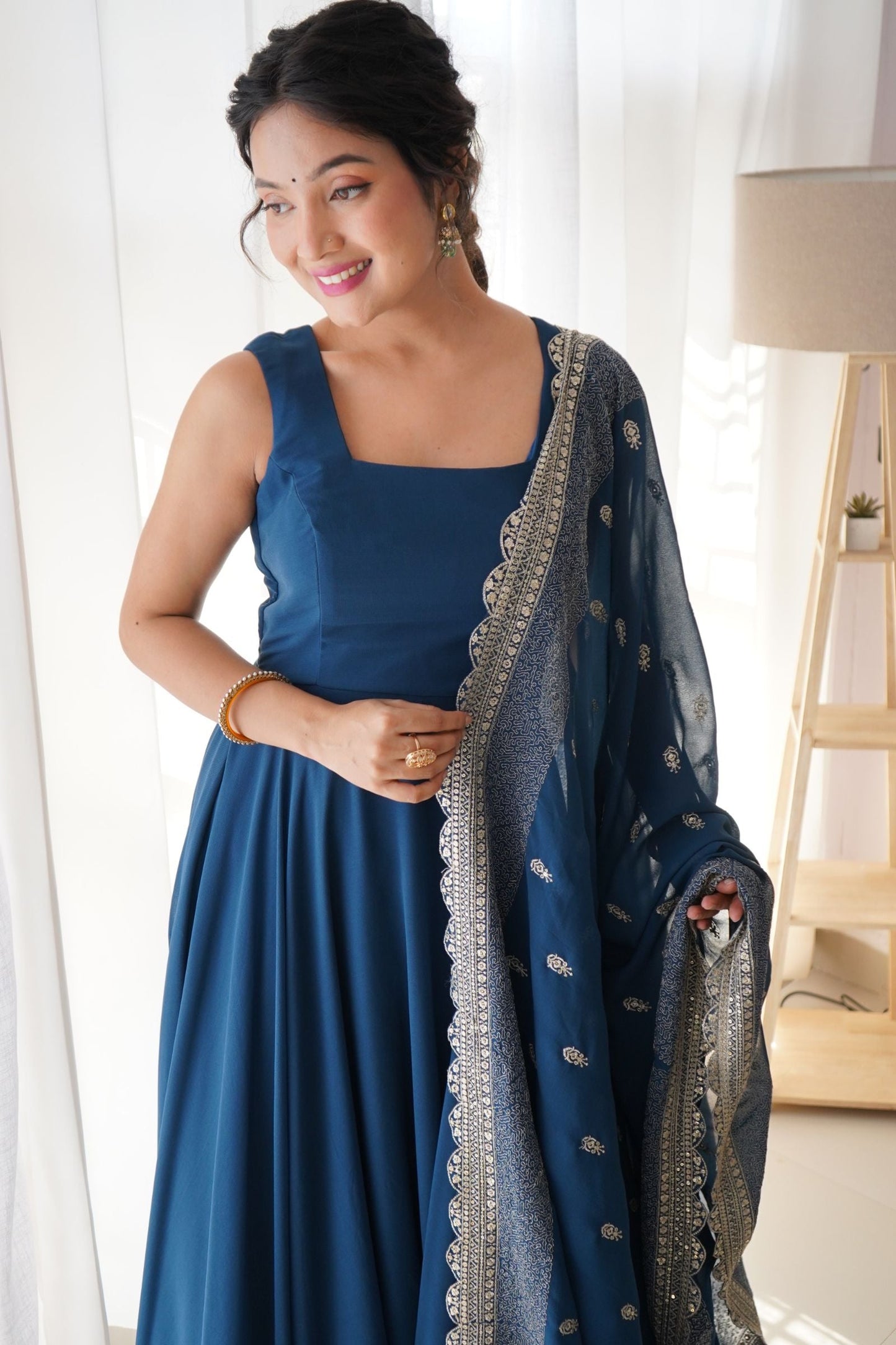 Solid Georgette Stitched Anarkali Gown With Dupatta