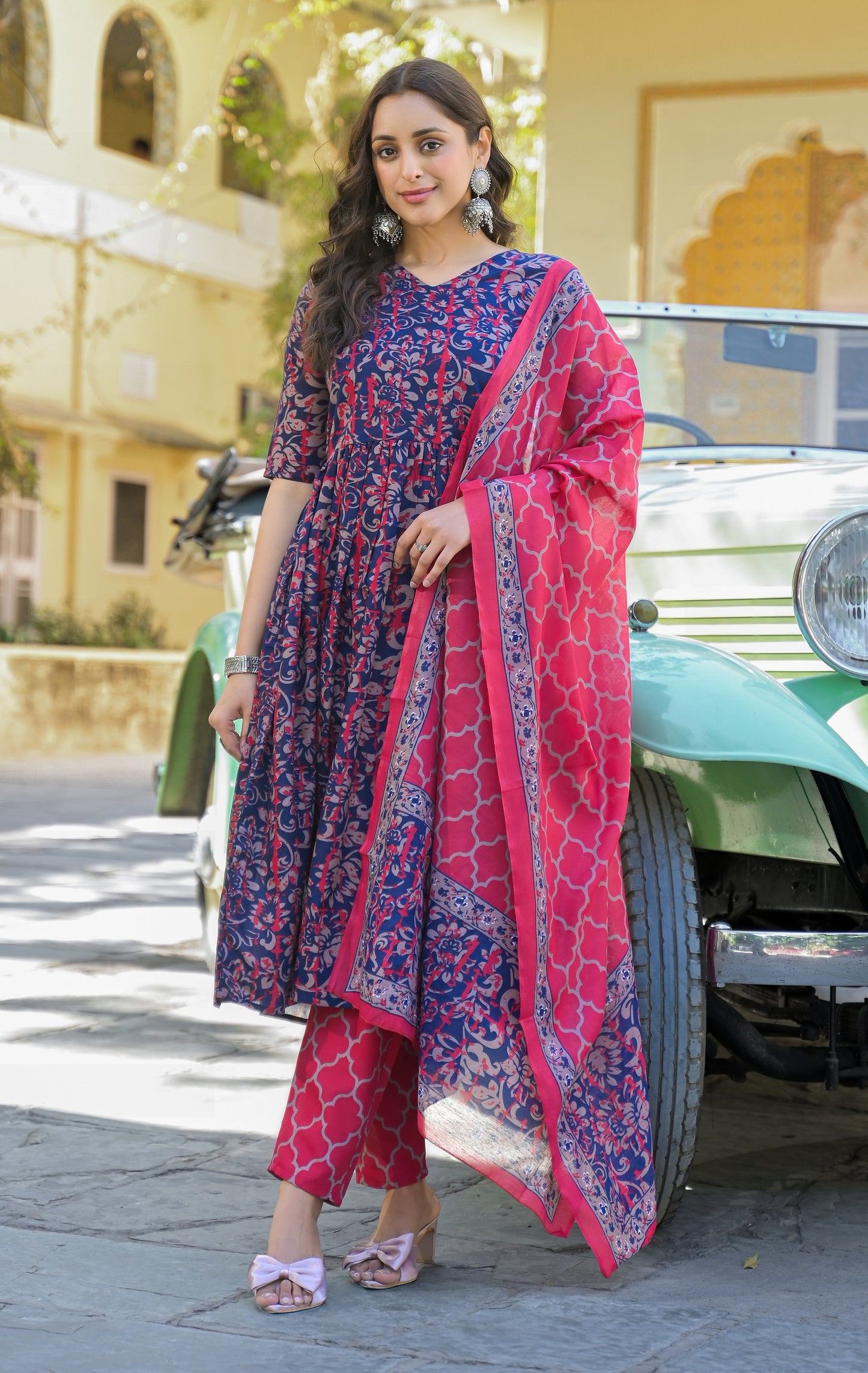Women Viscose Navy Blue Anarkali Kurta And Pant Set With Dupatta