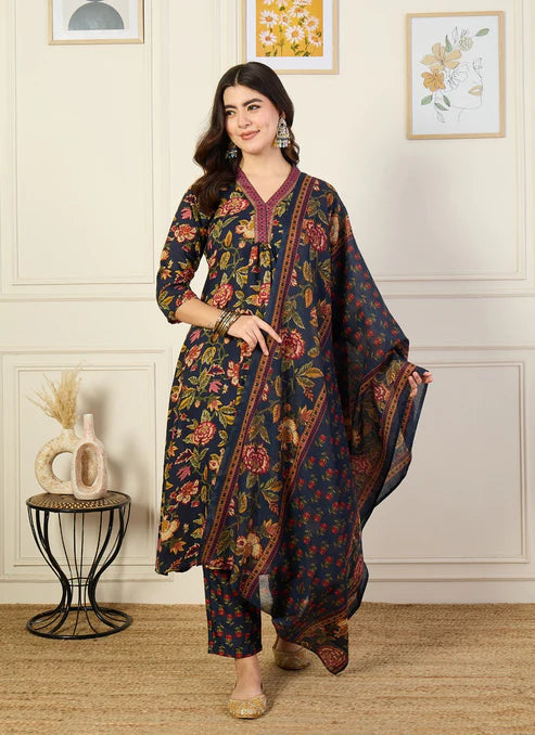 Printed A-Line Floral Blue Kurta and Pant Set With Dupatta