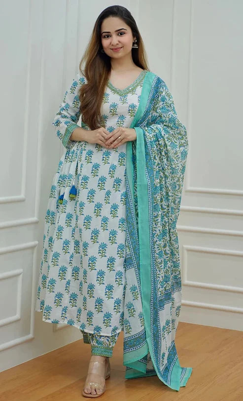 Block Printed Kurta and Pant Set with Dupatta