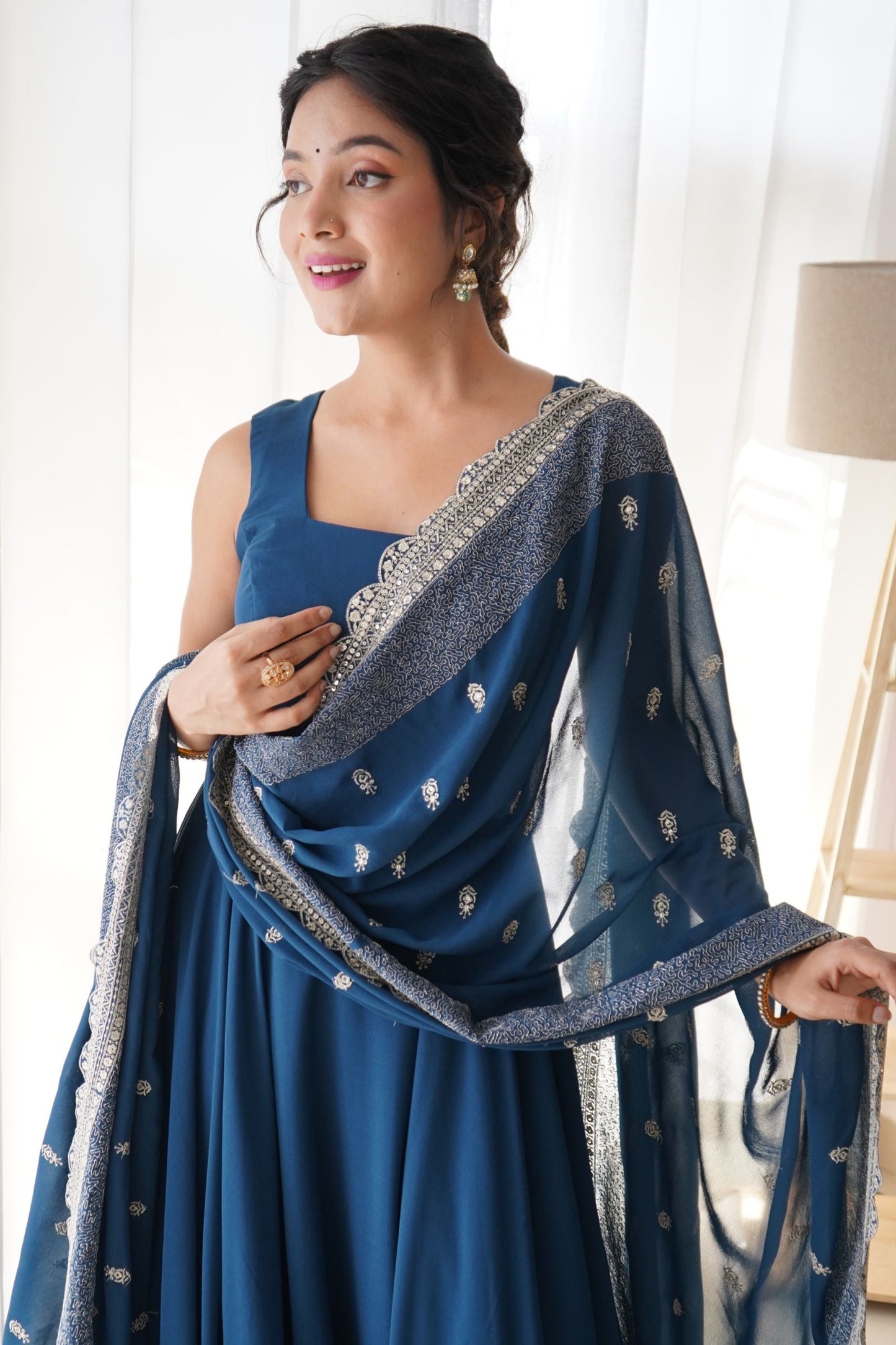 Solid Georgette Stitched Anarkali Gown With Dupatta