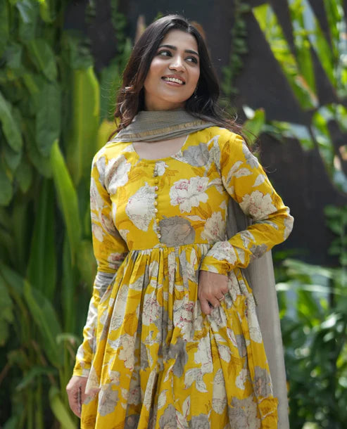 Printed Anarkali Kurta and Pant Set With Dupatta
