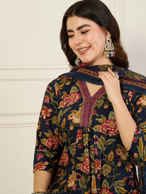 Printed A-Line Floral Blue Kurta and Pant Set With Dupatta