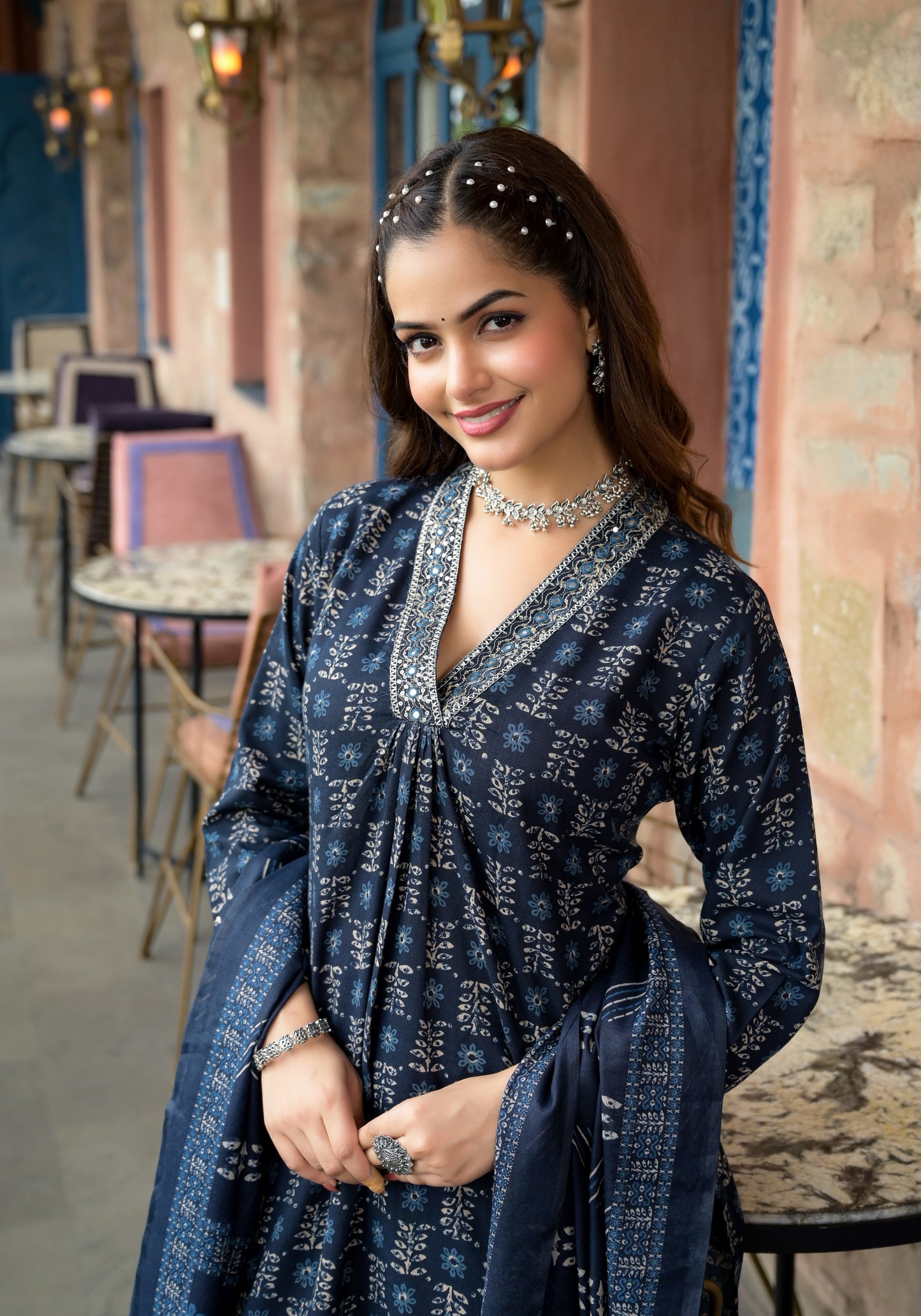 Women Navy Blue Embroidery Viscose Rayon Kurta, Pant And Dupatta Set