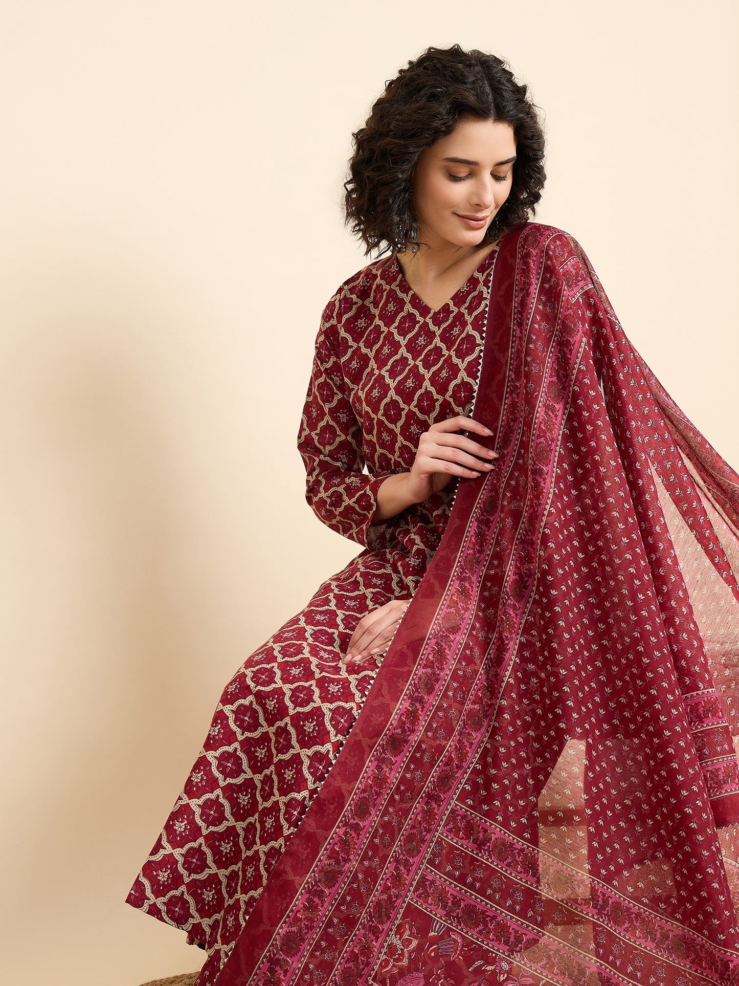 Women Viscose Maroon A-Line Kurta And Pant Set With Dupatta