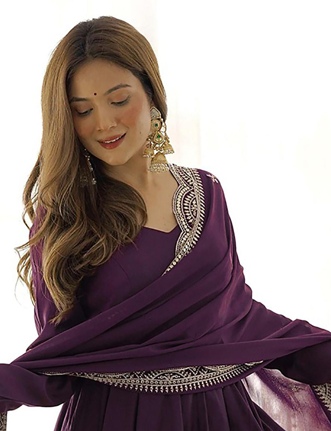 Solid Anarkali Gown With Embroidered Dupatta