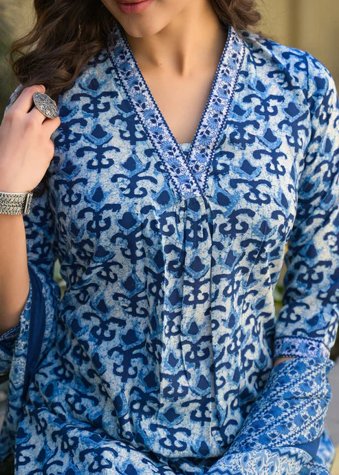 Printed A-Line Blue Kurta And Pant Set With Dupatta