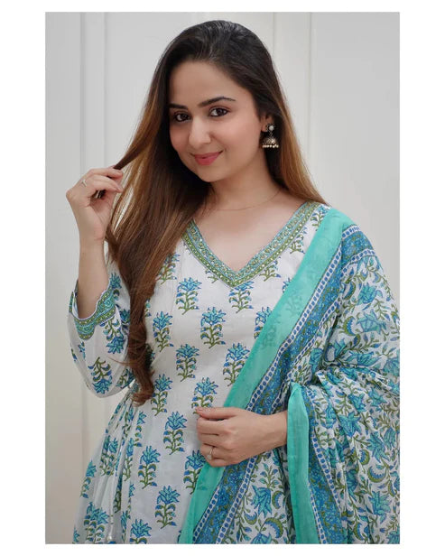 Block Printed Kurta and Pant Set with Dupatta