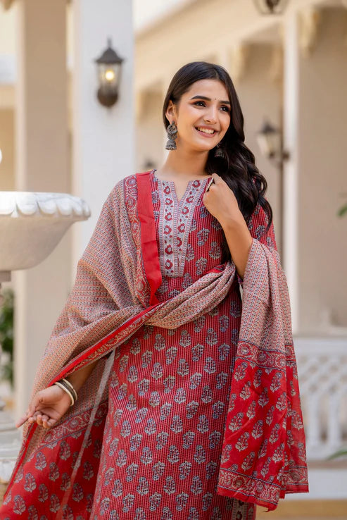 Printed Straight Red Kurta and Pant set with Dupatta