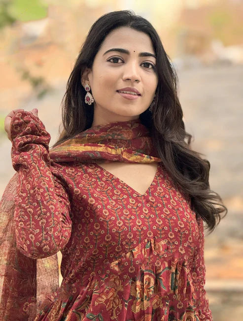 Printed Anarkali Red Kurta and Pant Set With Dupatta