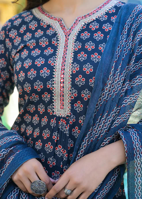 Printed Straight Blue Kurta And Pant Set With Dupatta