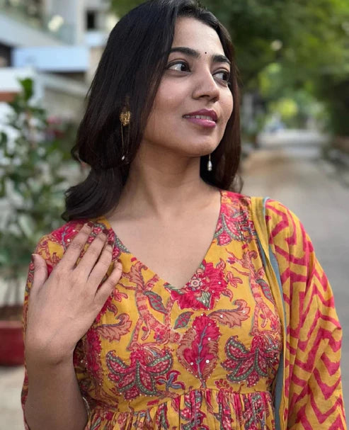 Floral Printed Anarkali Yellow Kurta And Pant Set With Dupatta