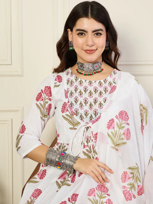 Printed Anarkali White Kurta and Pant Set With Dupatta