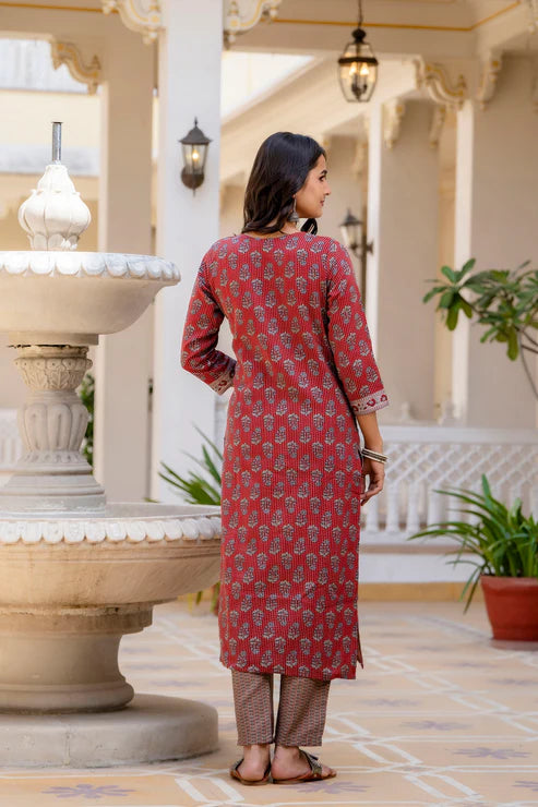 Printed Straight Red Kurta and Pant set with Dupatta