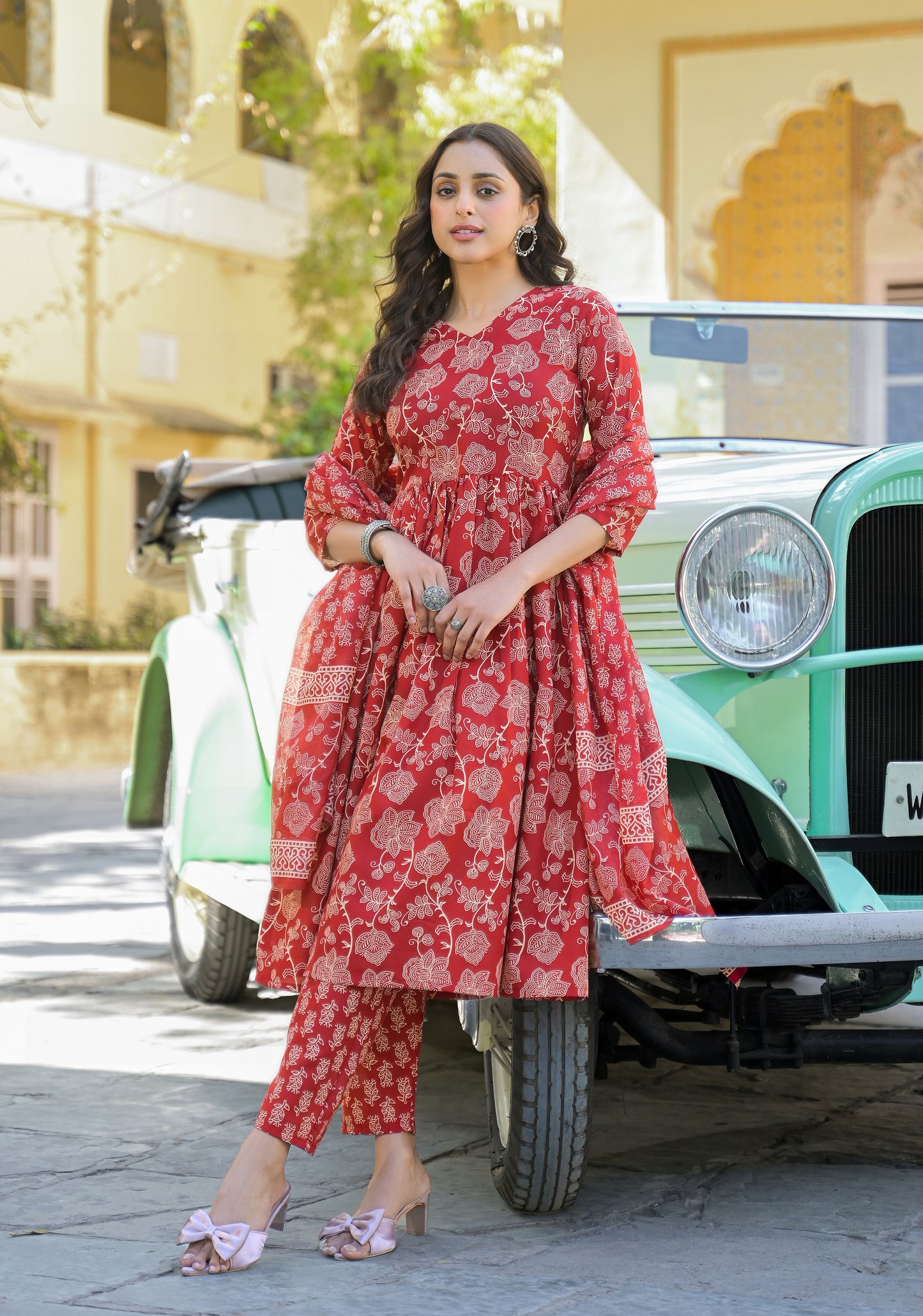 Women Viscose Red Anarkali Kurta And Pant Set With Dupatta