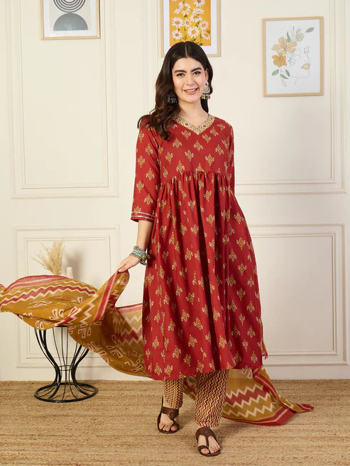 Printed Anarkali Kurta and Pant Set With Dupatta