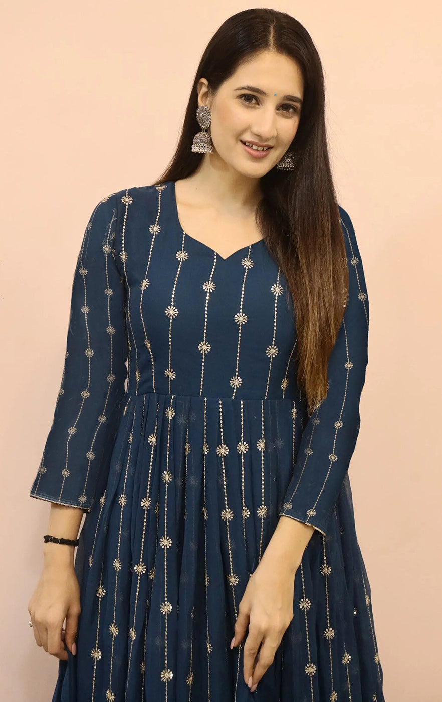 Embroidered Georgette Stitched Anarkali Gown With Dupatta