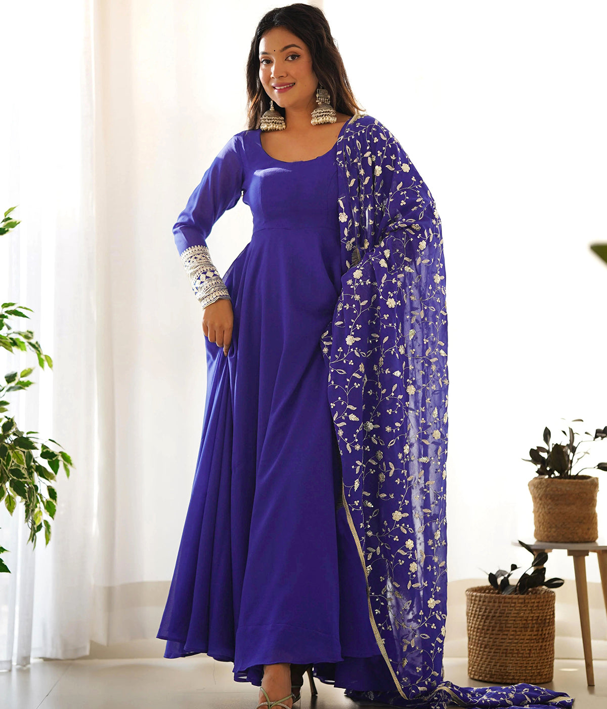 Embroidered Georgette Stitched Anarkali Gown With Dupatta