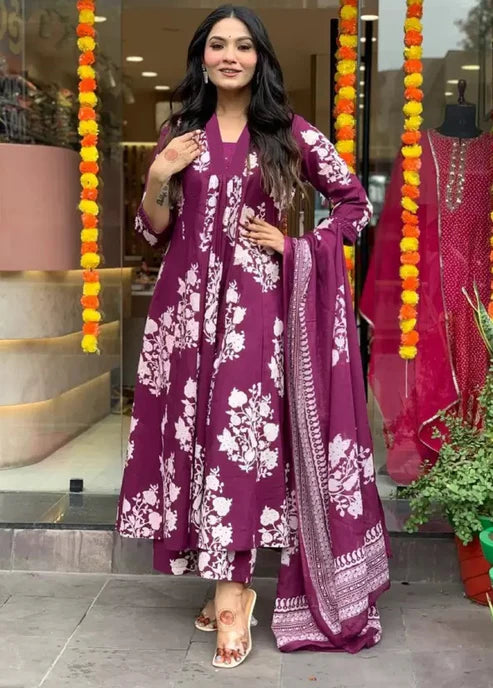 Printed A-Line Purple Kurta and Pant Set With Dupatta
