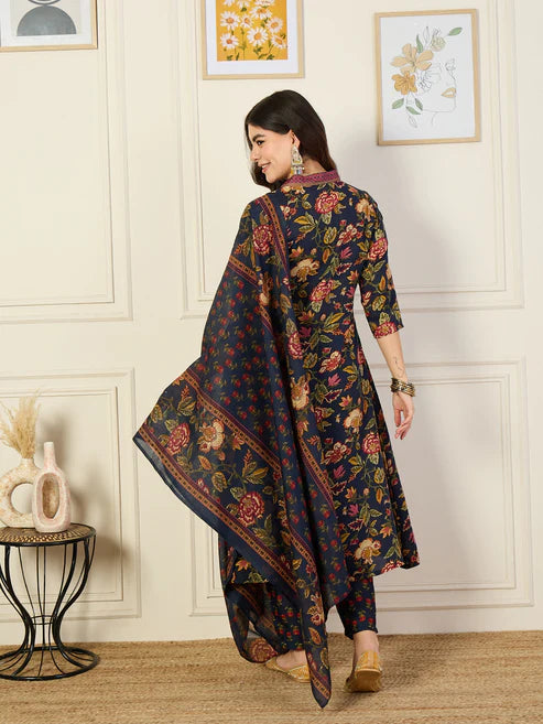 Printed A-Line Floral Blue Kurta and Pant Set With Dupatta