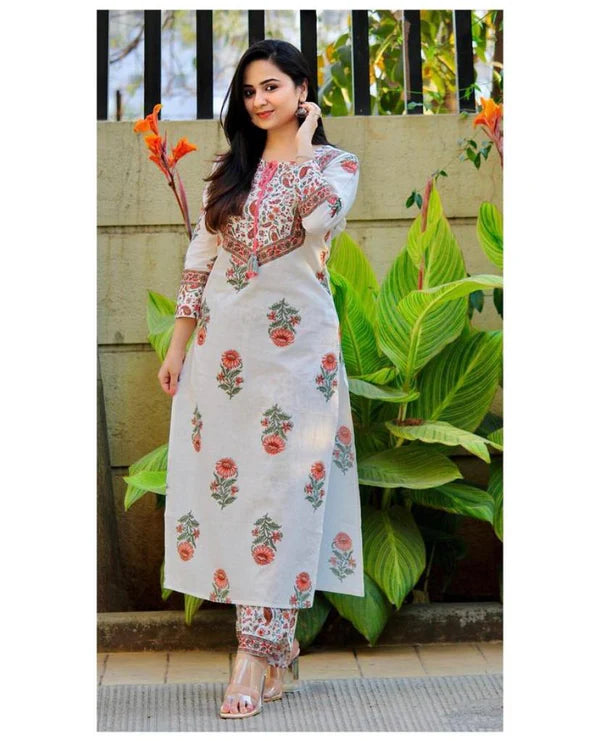 Ethnic Set Women Block Printed Kurta and Pant Set with Dupatta