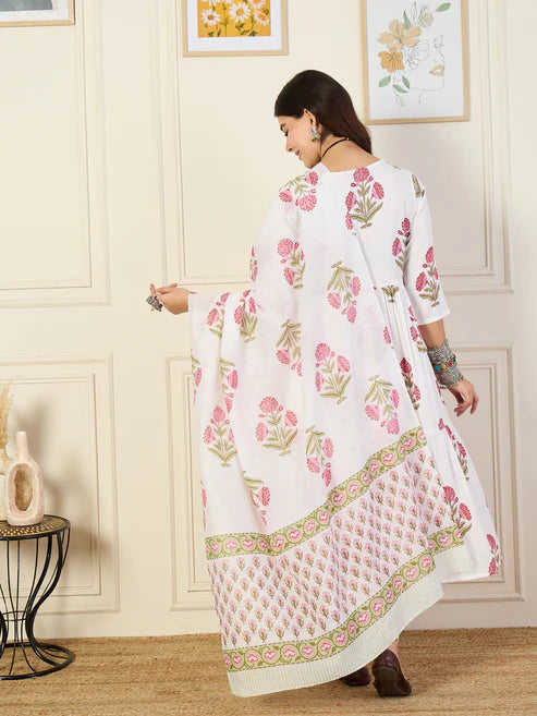 Printed Anarkali White Kurta and Pant Set With Dupatta