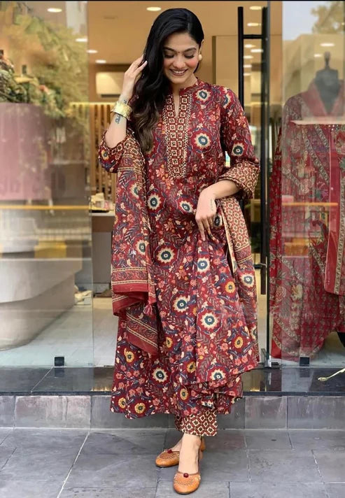 Printed A-Line Kurta and Pant Set With Dupatta