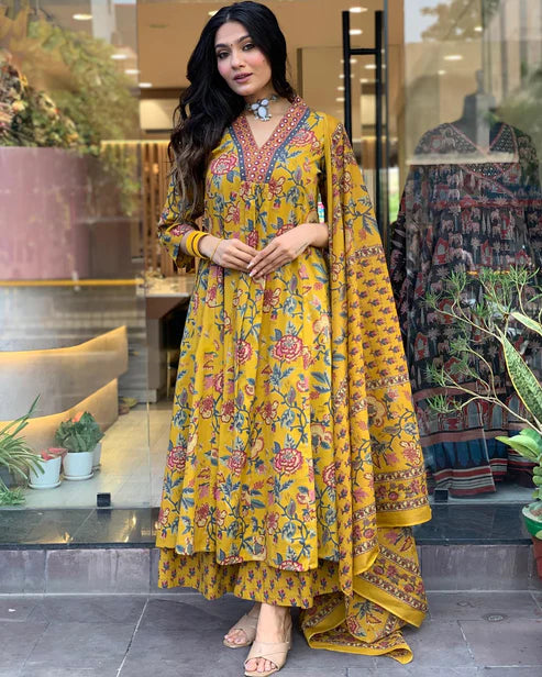 Printed A-Line Yellow Kurta and Pant Set With Dupatta