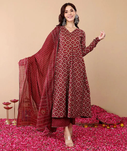 Printed A-Line Kurta and Pant Set With Dupatta