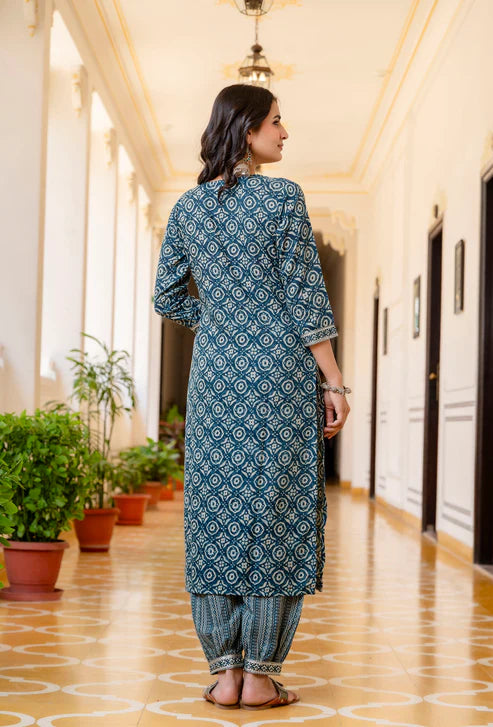 Printed Straight Blue Kurta and Pant set with Dupatta