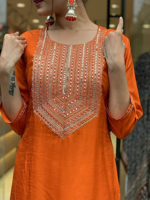 Embroidered Straight Kurta And Pant Set With Dupatta