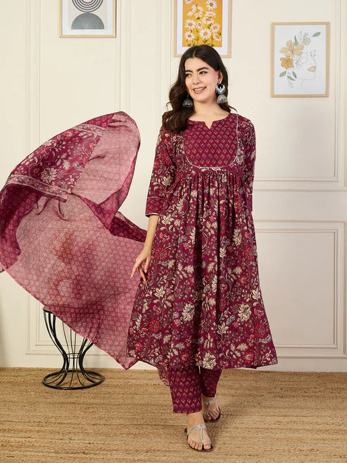 Floral Printed Anarkali Maroon Kurta and Pant Set With Dupatta