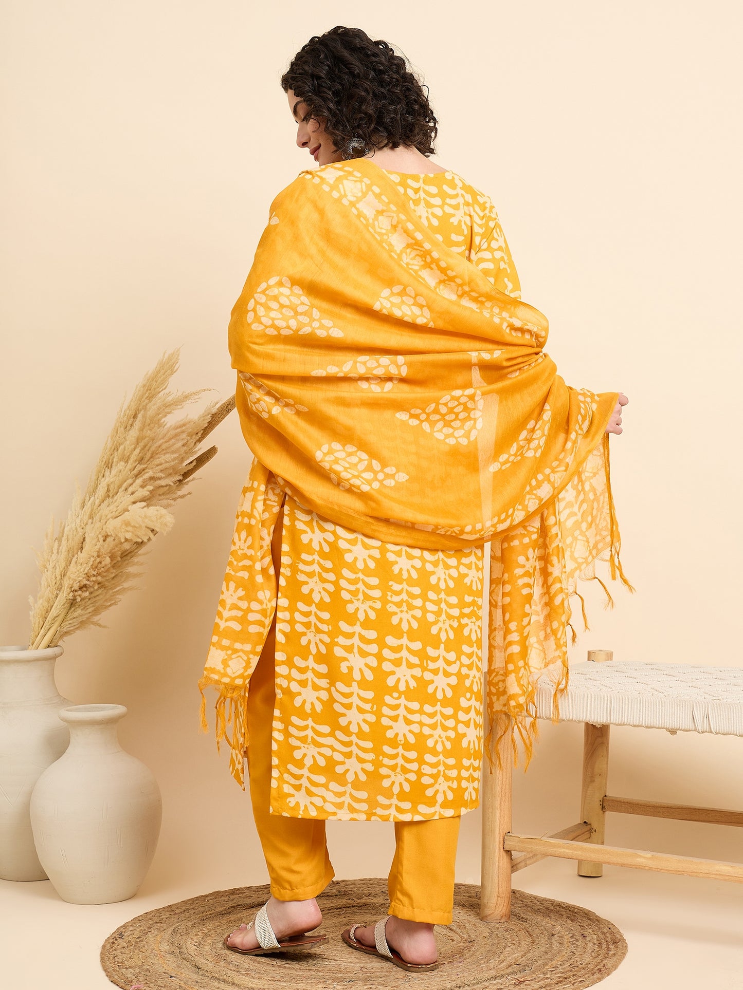 Women Viscose Yellow Straight Kurta And Pant Set With Dupatta