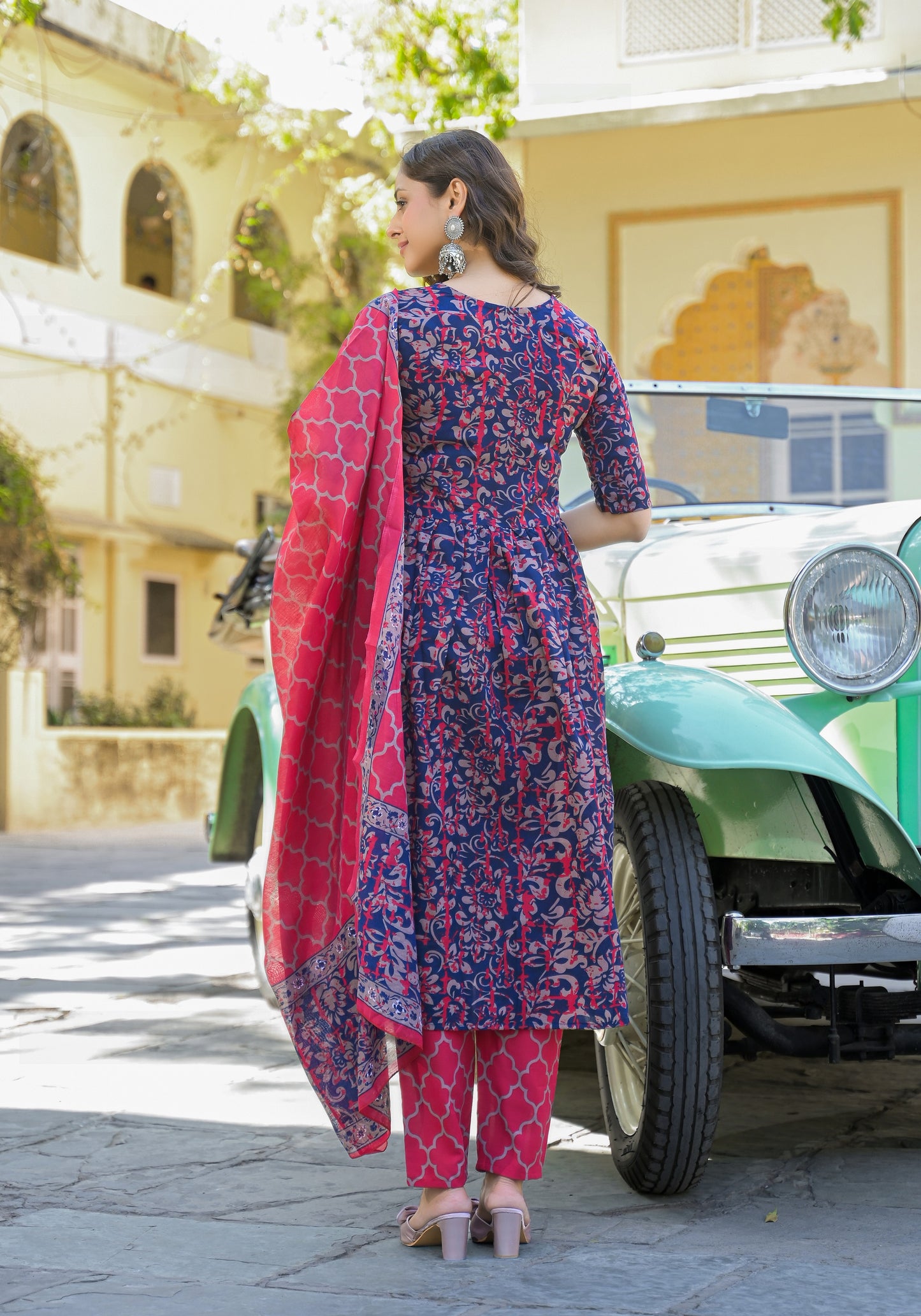 Women Viscose Navy Blue Anarkali Kurta And Pant Set With Dupatta