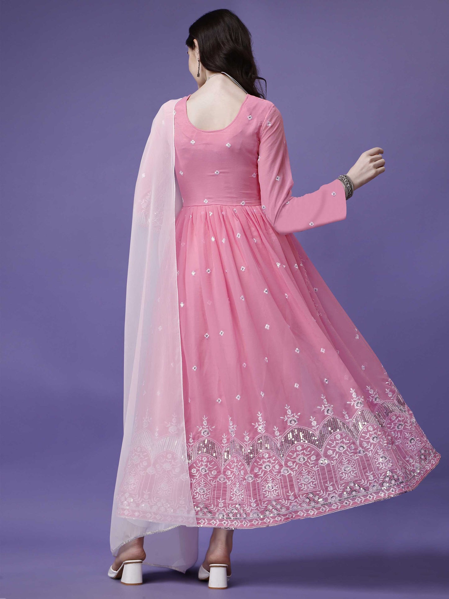 Embroidered Georgette Stitched Anarkali Gown With Dupatta