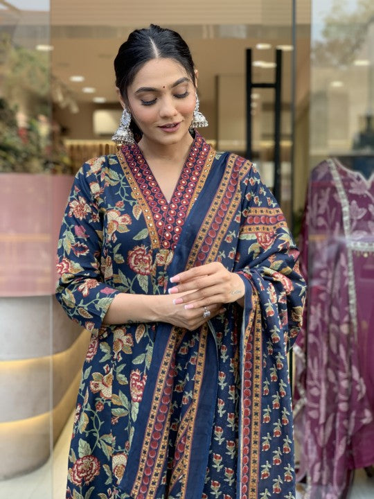 Women Viscose Blue Anarkali Kurta And Pant Set With Dupatta