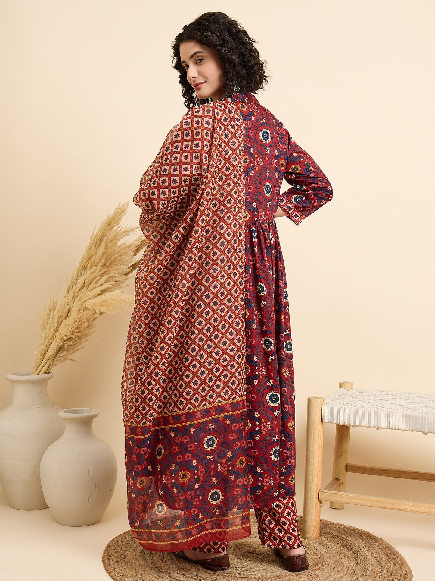Women Viscose Red Anarkali Kurta And Pant Set With Dupatta