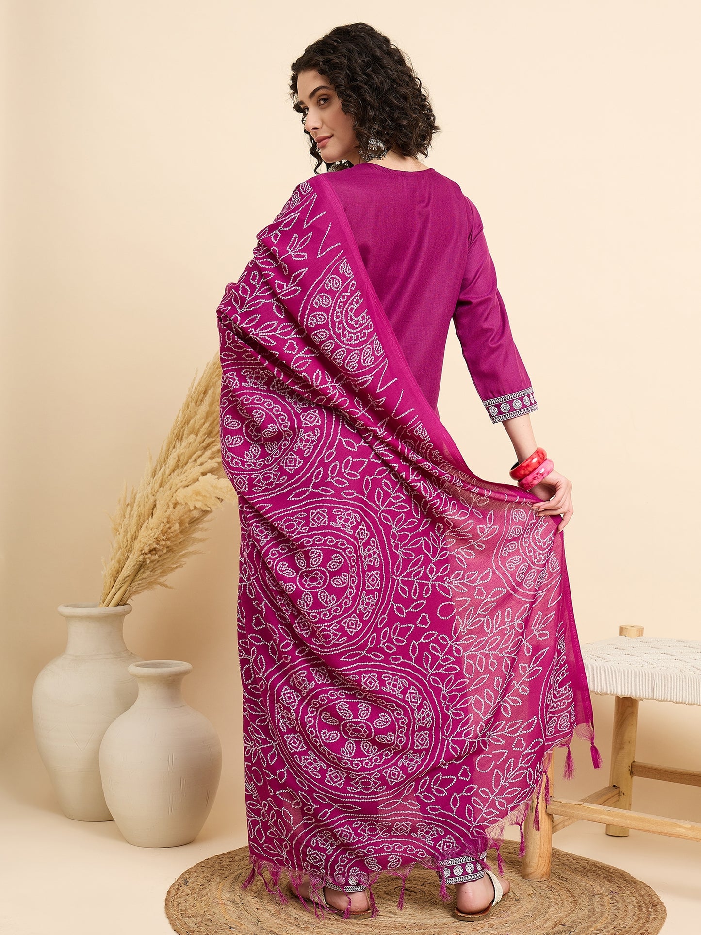 Women Embroidered Straight Pink Kurta And Pant set with Dupatta