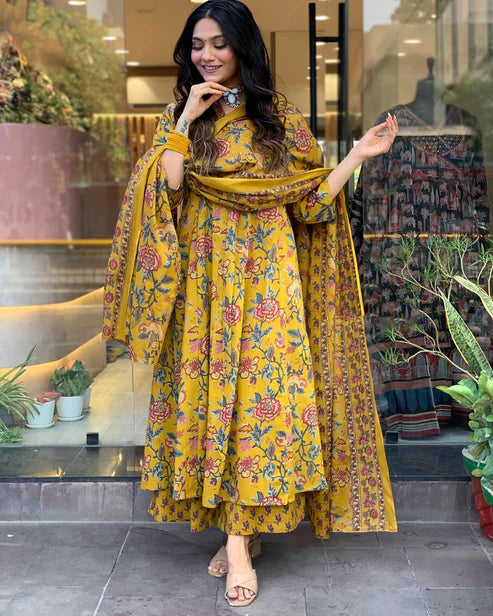 Printed A-Line Yellow Kurta and Pant Set With Dupatta