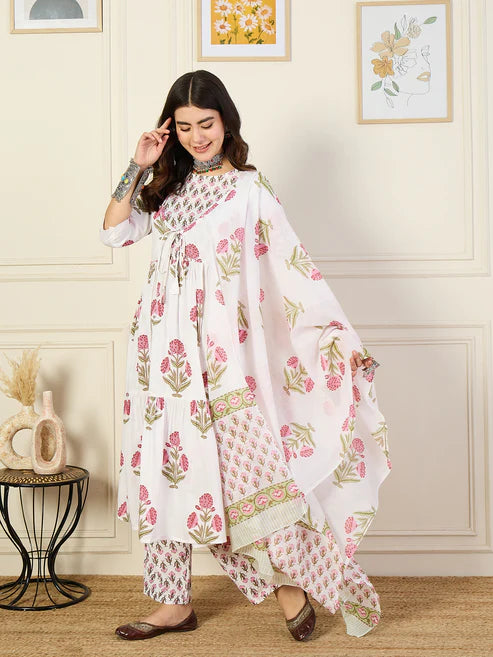 Printed Anarkali White Kurta and Pant Set With Dupatta
