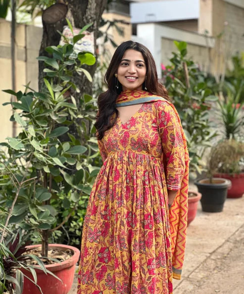 Floral Printed Anarkali Yellow Kurta And Pant Set With Dupatta