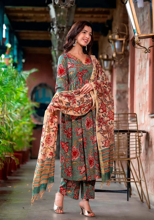 Printed Straight Kurta and Pant set with Dupatta