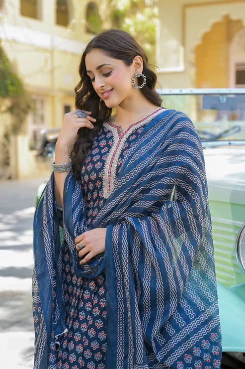 Printed Straight Blue Kurta And Pant Set With Dupatta