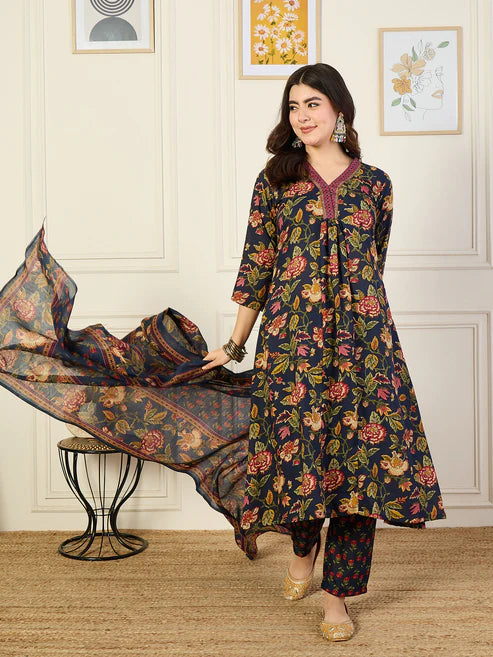 Printed A-Line Floral Blue Kurta and Pant Set With Dupatta