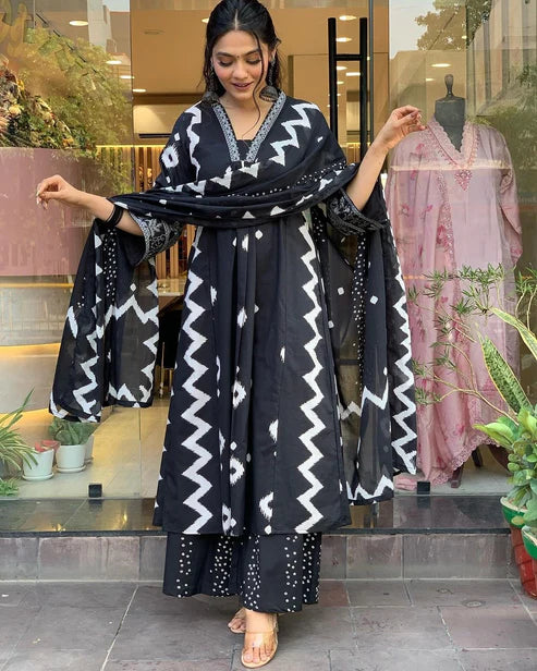 Printed A-Line Black Kurta and Pant Set With Dupatta