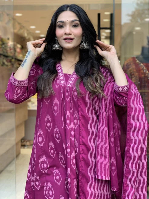 Printed A-Line Pink Kurta and Pant Set With Dupatta